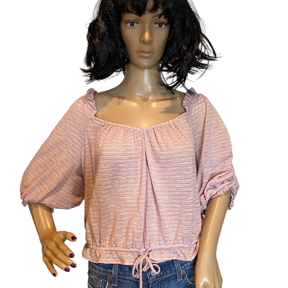 Free People Dorothy Puffy Ruched Sleeve Ruffle Peasant Crop Top Pink Large EUC
